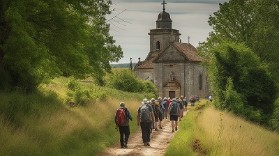 En större grup vandrare som närmar sig en landsortskyrka i grå sten.